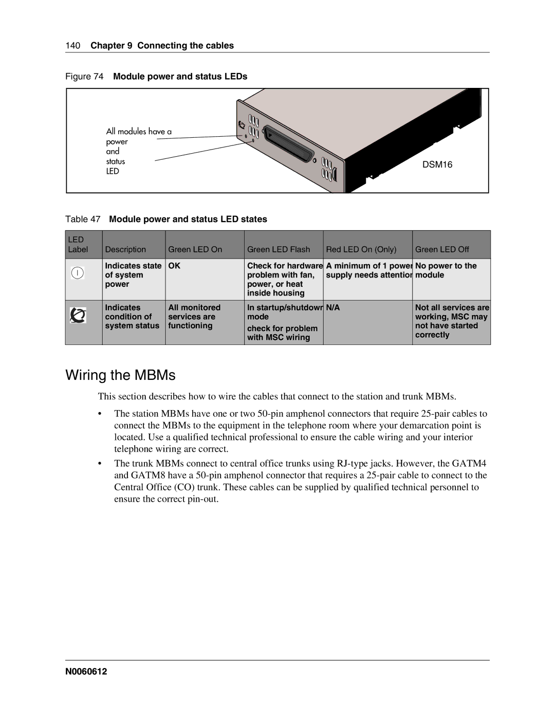 Nortel Networks 400 4.0, BCM200 manual Wiring the MBMs, Module power and status LED states 