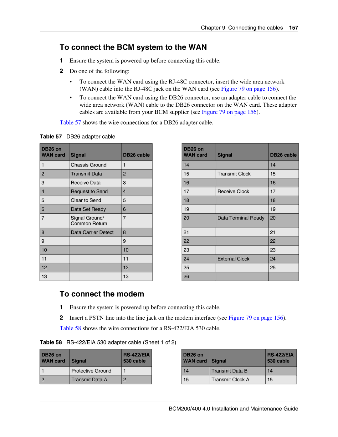 Nortel Networks BCM200, 400 4.0 manual To connect the BCM system to the WAN, To connect the modem, DB26 adapter cable 