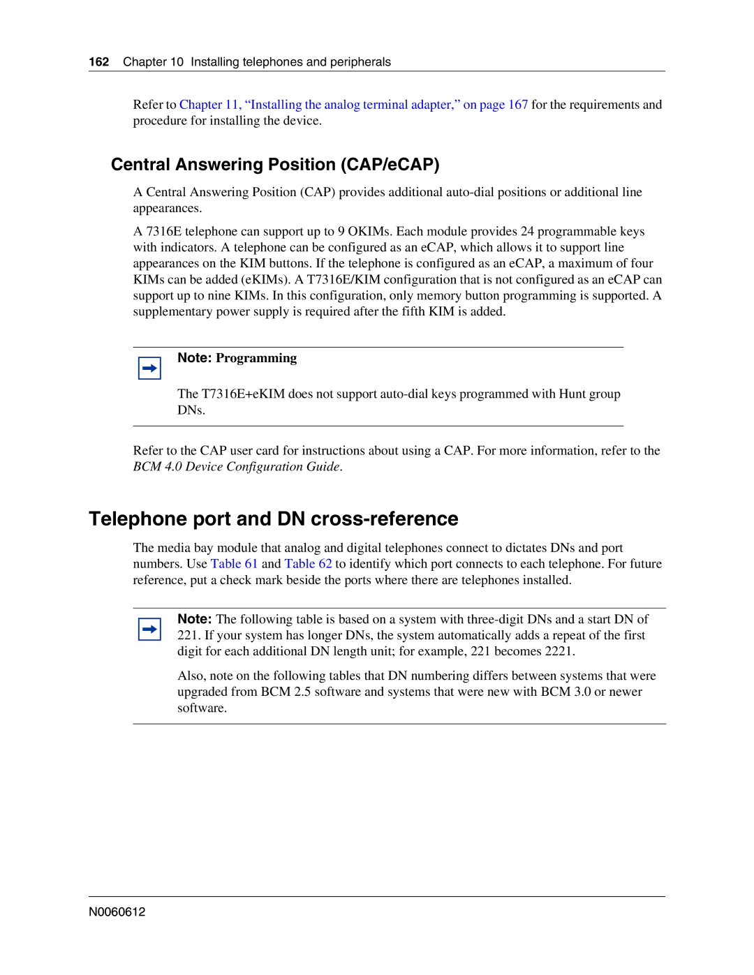 Nortel Networks 400 4.0, BCM200 manual Telephone port and DN cross-reference, Central Answering Position CAP/eCAP 