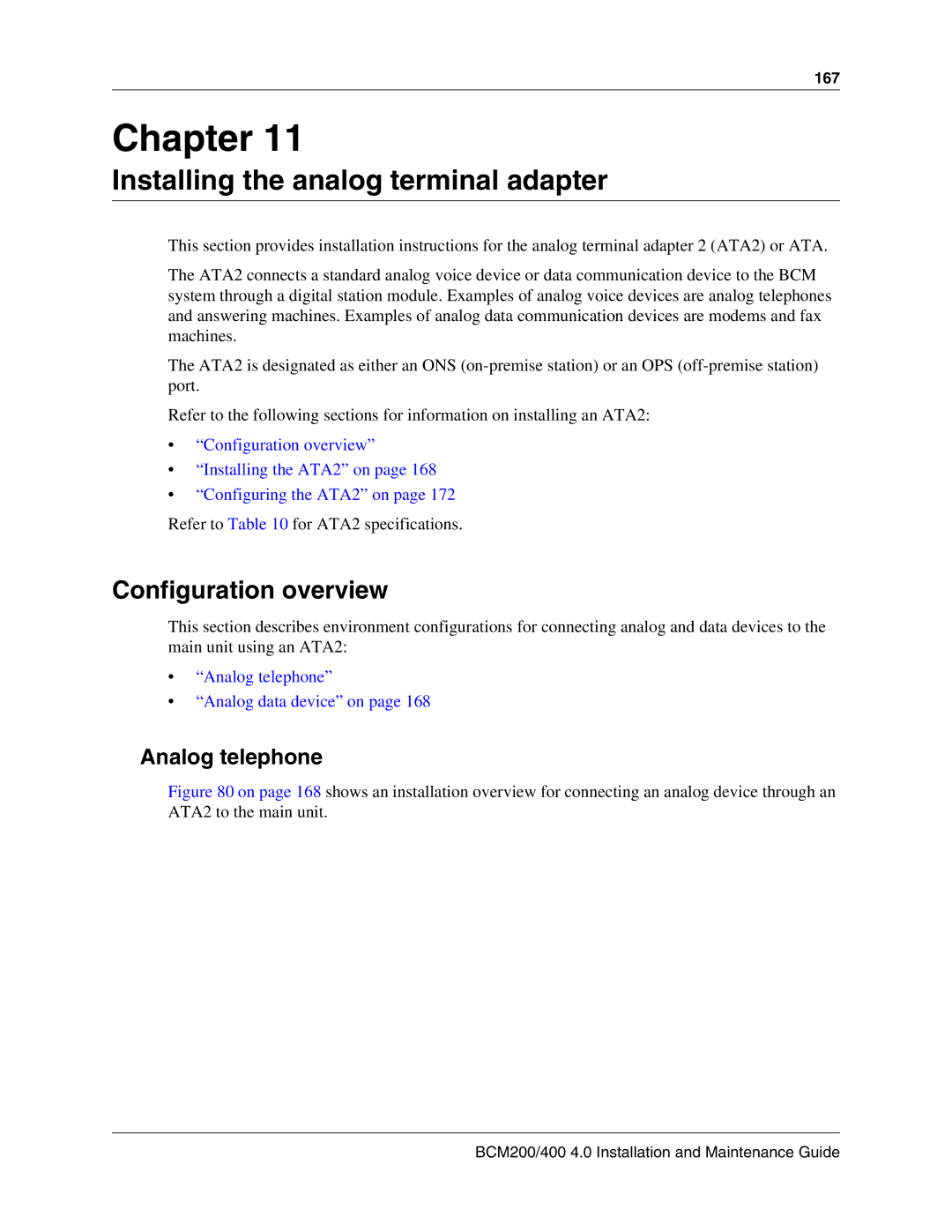 Nortel Networks BCM200, 400 4.0 manual Installing the analog terminal adapter, Configuration overview, Analog telephone 