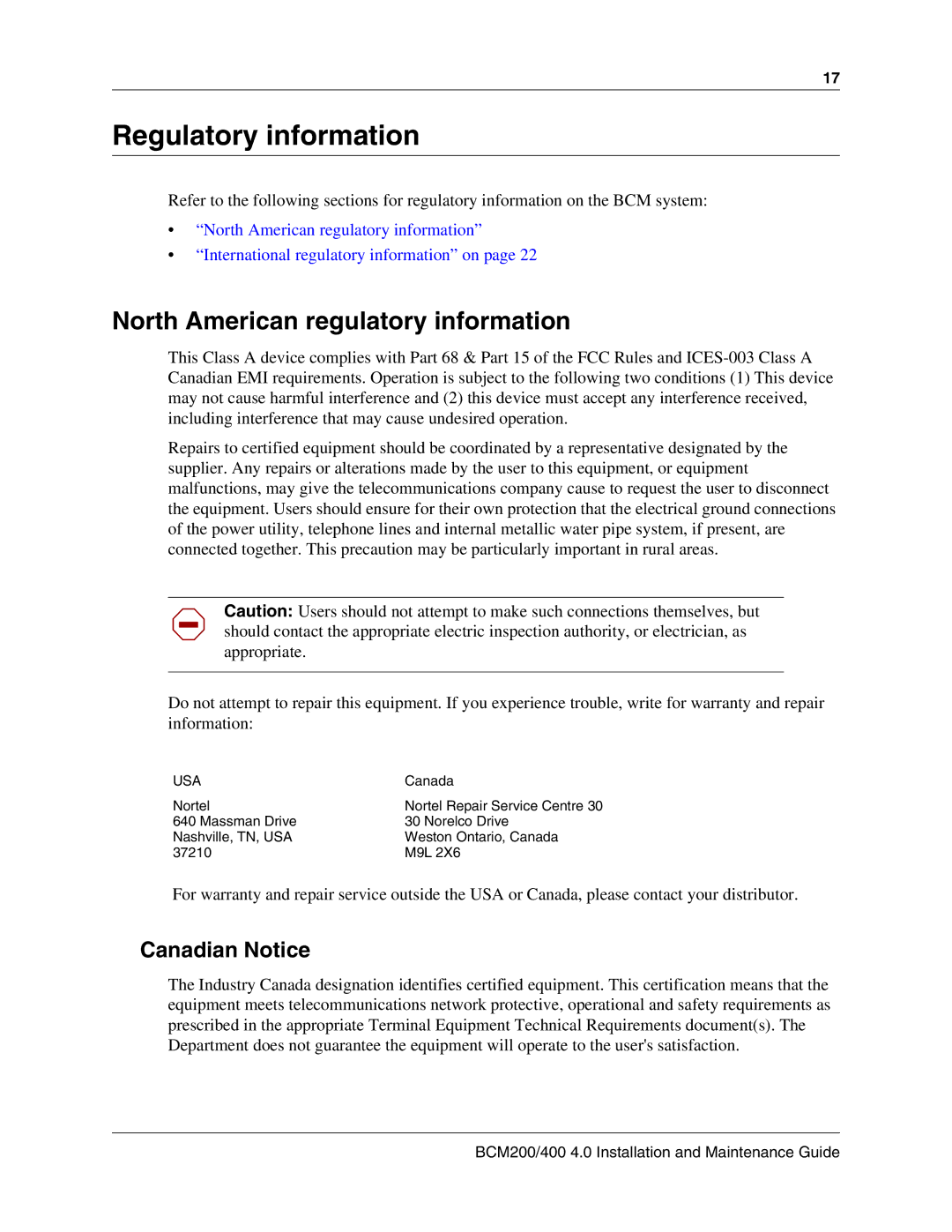 Nortel Networks BCM200, 400 4.0 manual Regulatory information, North American regulatory information, Canadian Notice 