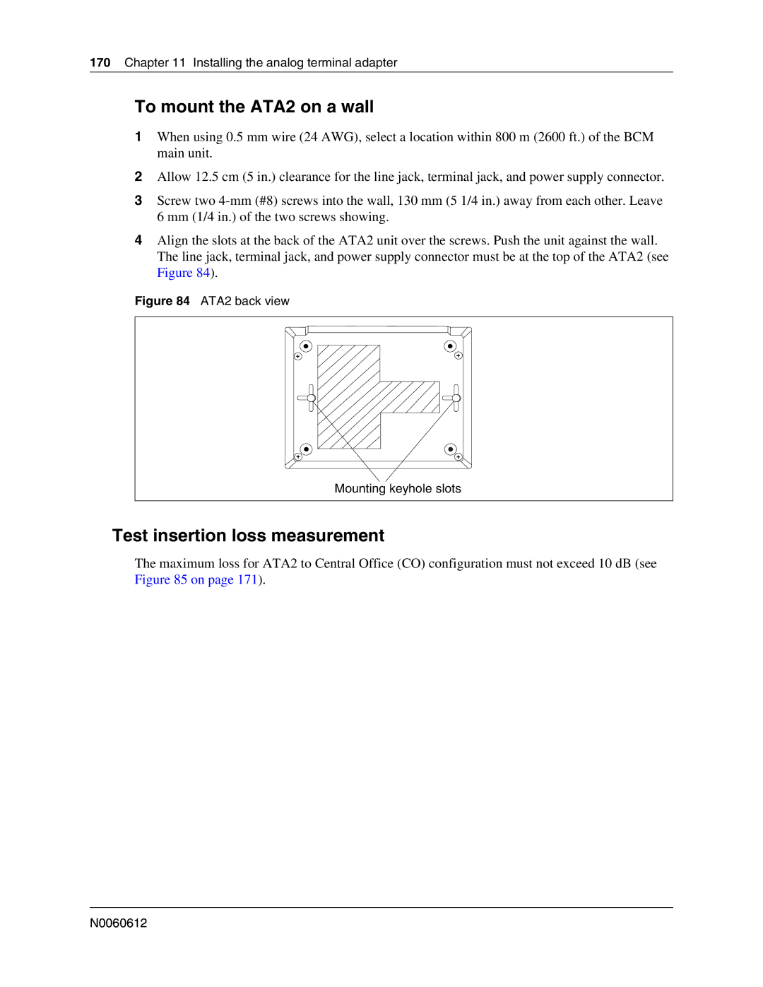 Nortel Networks 400 4.0, BCM200 manual To mount the ATA2 on a wall, Test insertion loss measurement 