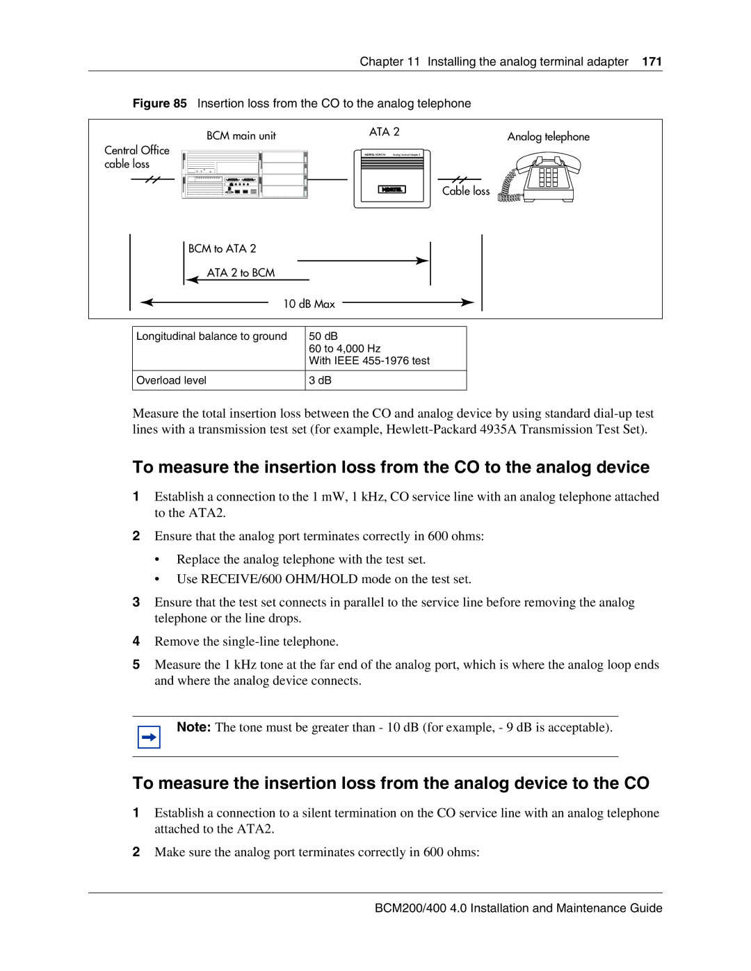 Nortel Networks BCM200, 400 4.0 manual Insertion loss from the CO to the analog telephone 