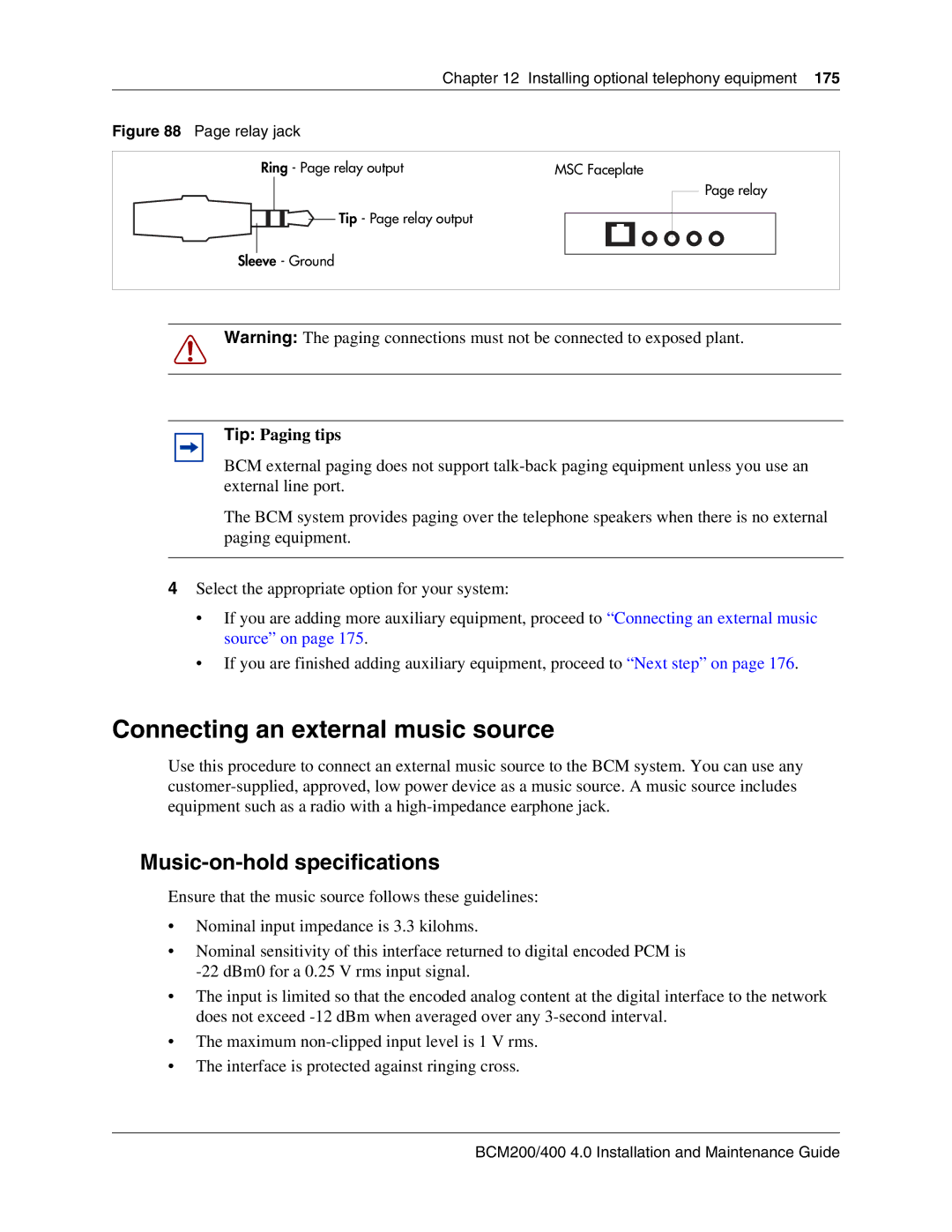 Nortel Networks BCM200, 400 4.0 manual Connecting an external music source, Music-on-hold specifications 