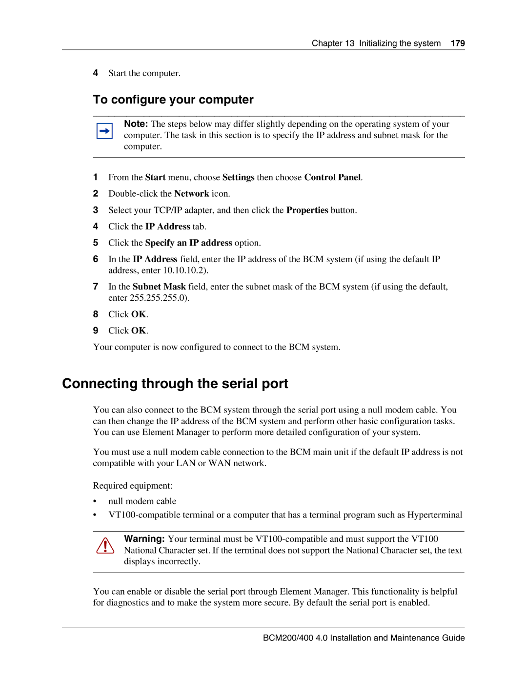 Nortel Networks BCM200, 400 4.0 manual Connecting through the serial port, To configure your computer 