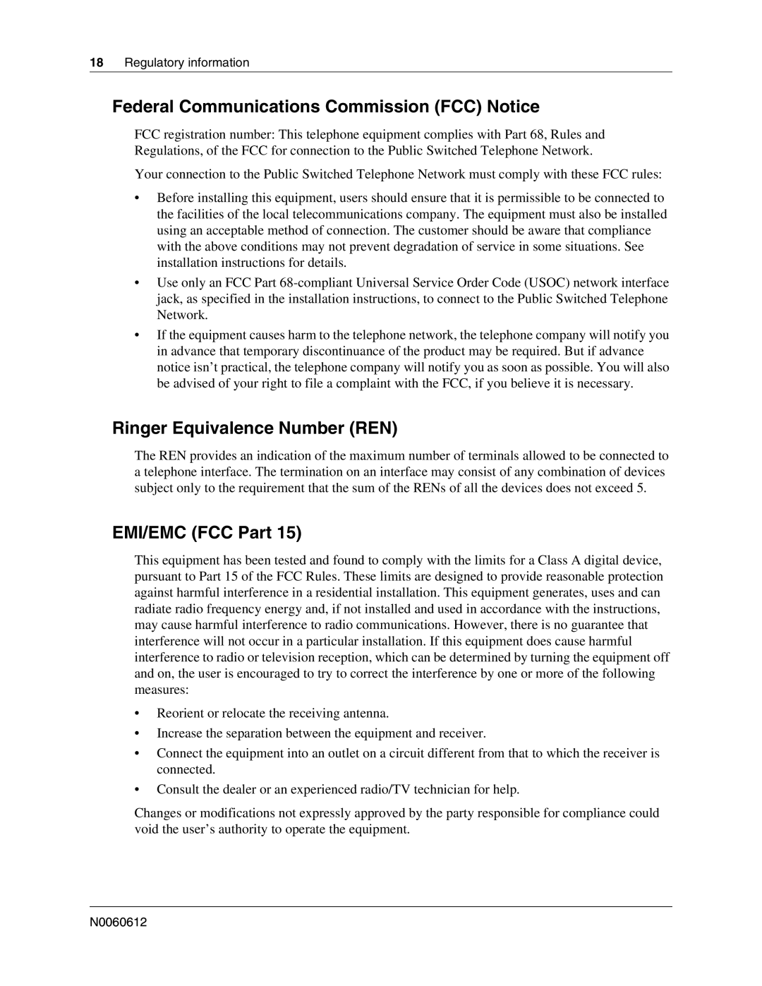 Nortel Networks 400 4.0 Federal Communications Commission FCC Notice, Ringer Equivalence Number REN, EMI/EMC FCC Part 