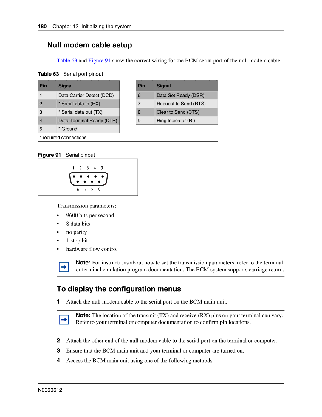 Nortel Networks 400 4.0, BCM200 Null modem cable setup, To display the configuration menus, Serial port pinout, Pin Signal 