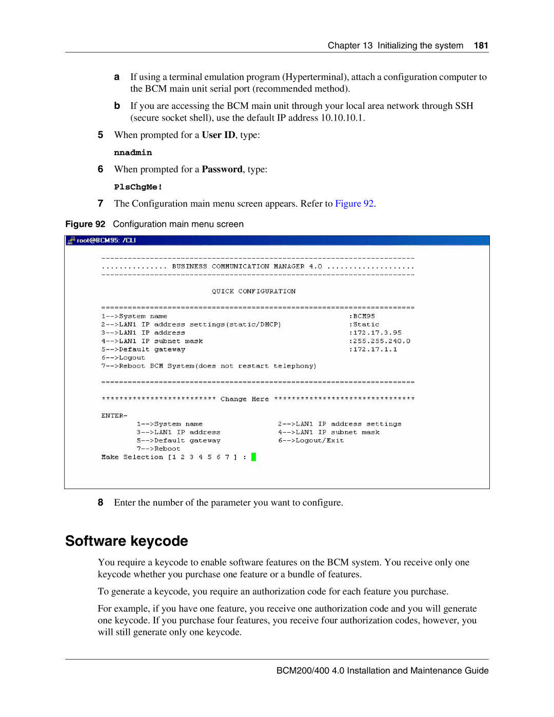 Nortel Networks BCM200, 400 4.0 manual Software keycode, Configuration main menu screen 