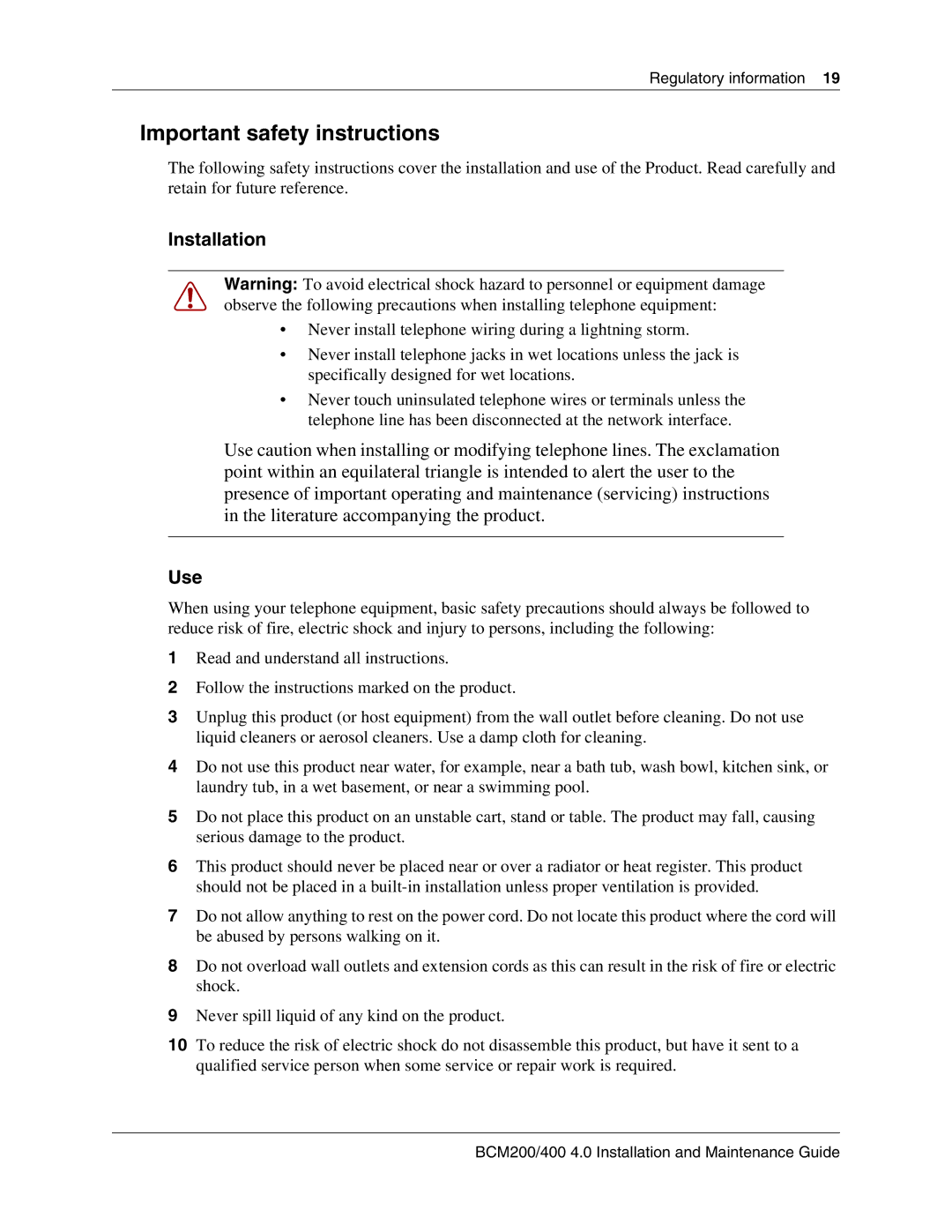 Nortel Networks BCM200, 400 4.0 manual Important safety instructions, Installation, Use 