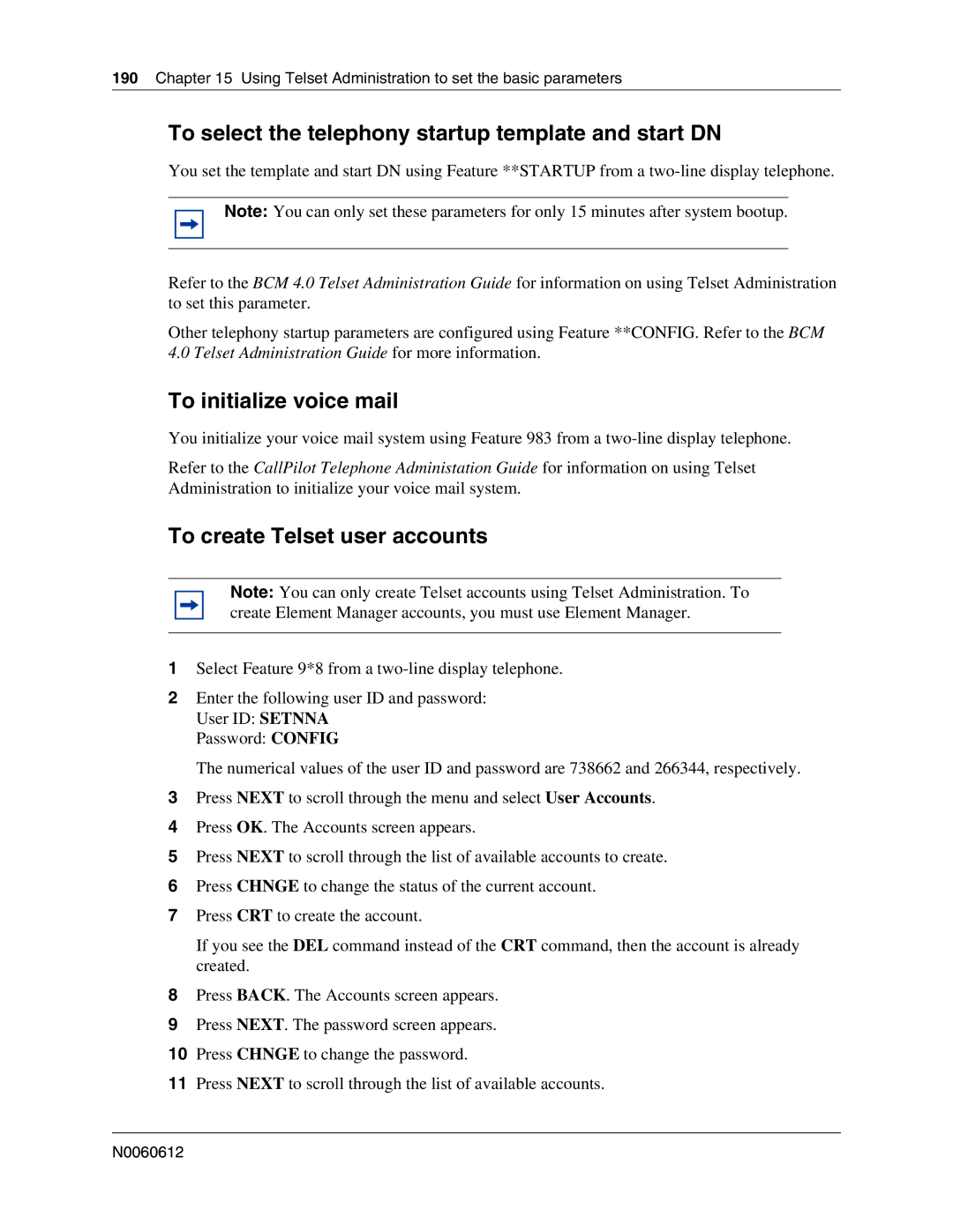 Nortel Networks 400 4.0, BCM200 manual To select the telephony startup template and start DN, To initialize voice mail 