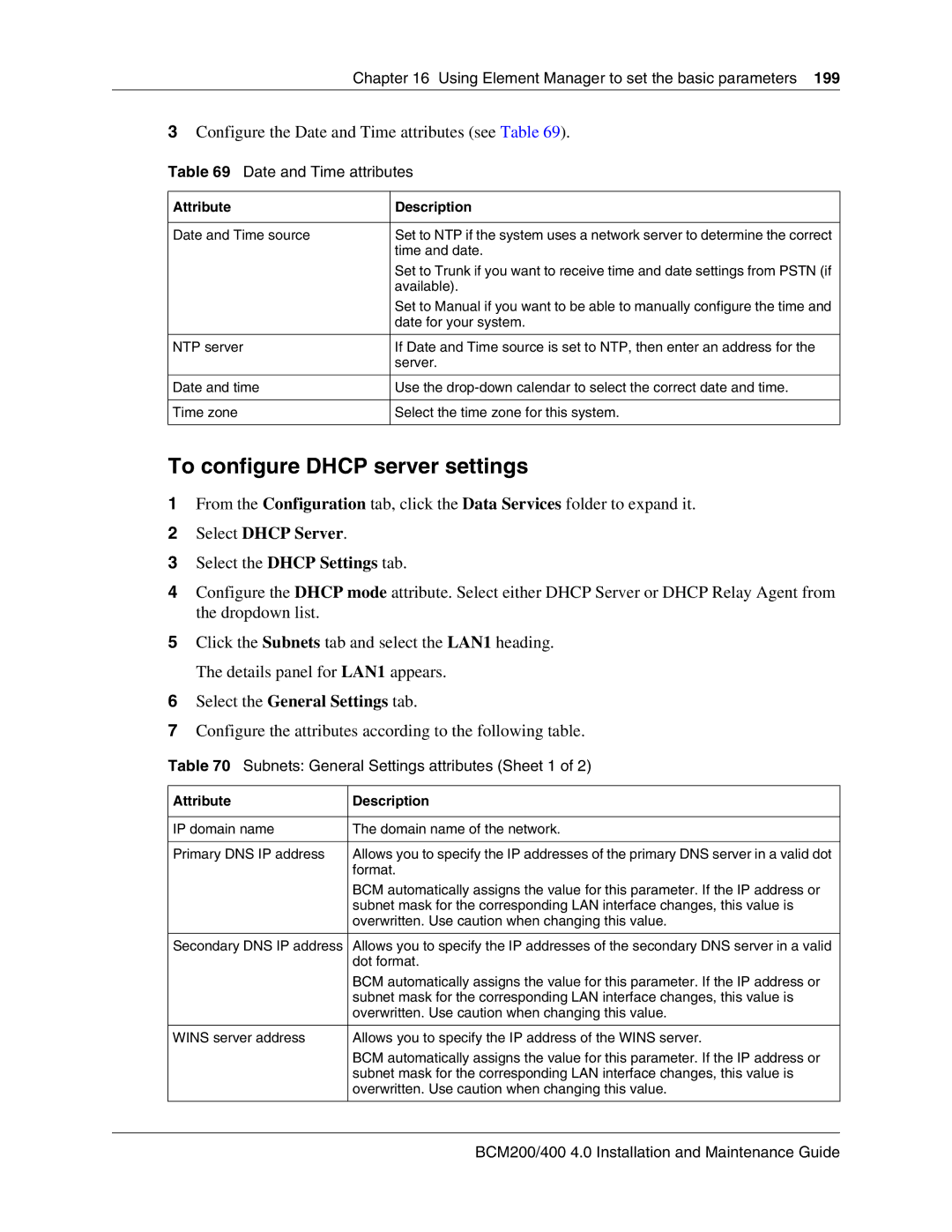 Nortel Networks BCM200, 400 4.0 manual To configure Dhcp server settings, Date and Time attributes 