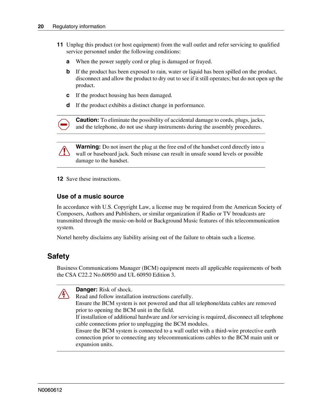 Nortel Networks 400 4.0, BCM200 manual Safety, Use of a music source 