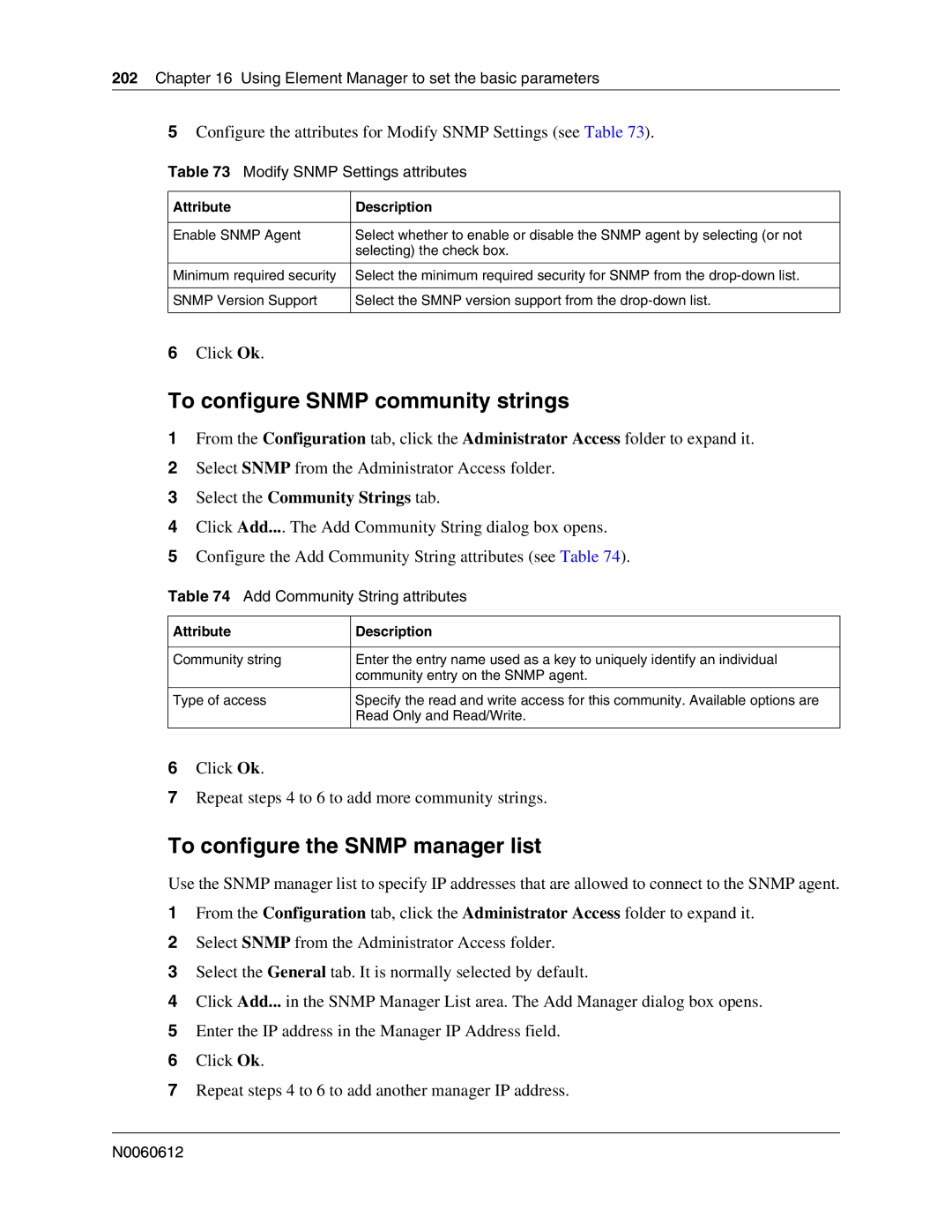 Nortel Networks 400 4.0, BCM200 manual To configure Snmp community strings, To configure the Snmp manager list 