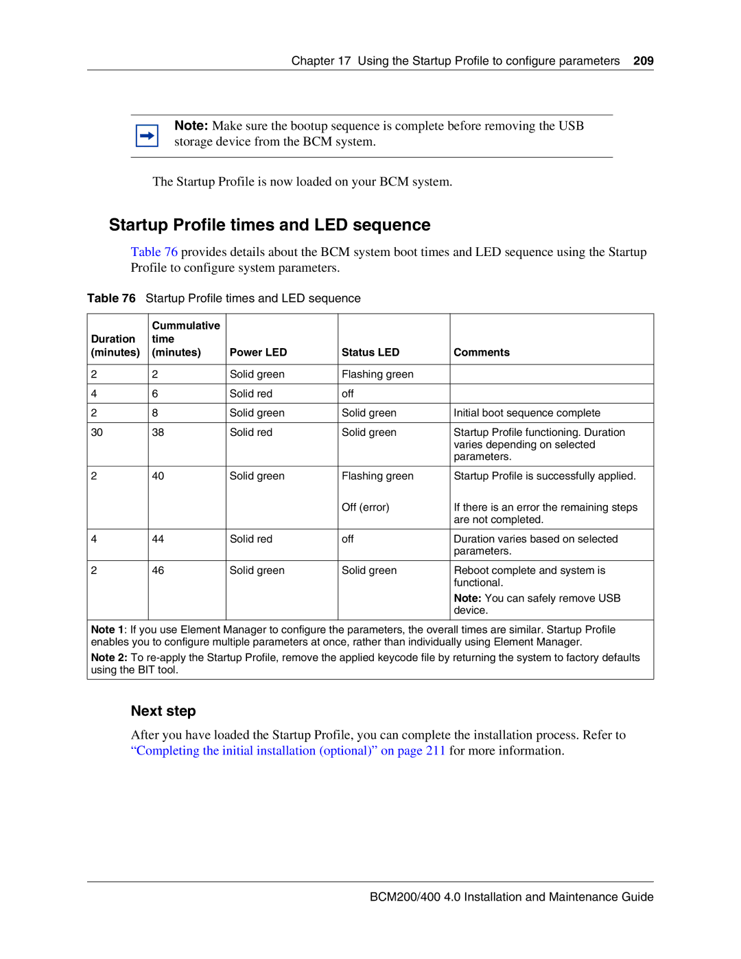 Nortel Networks BCM200, 400 4.0 manual Startup Profile times and LED sequence 