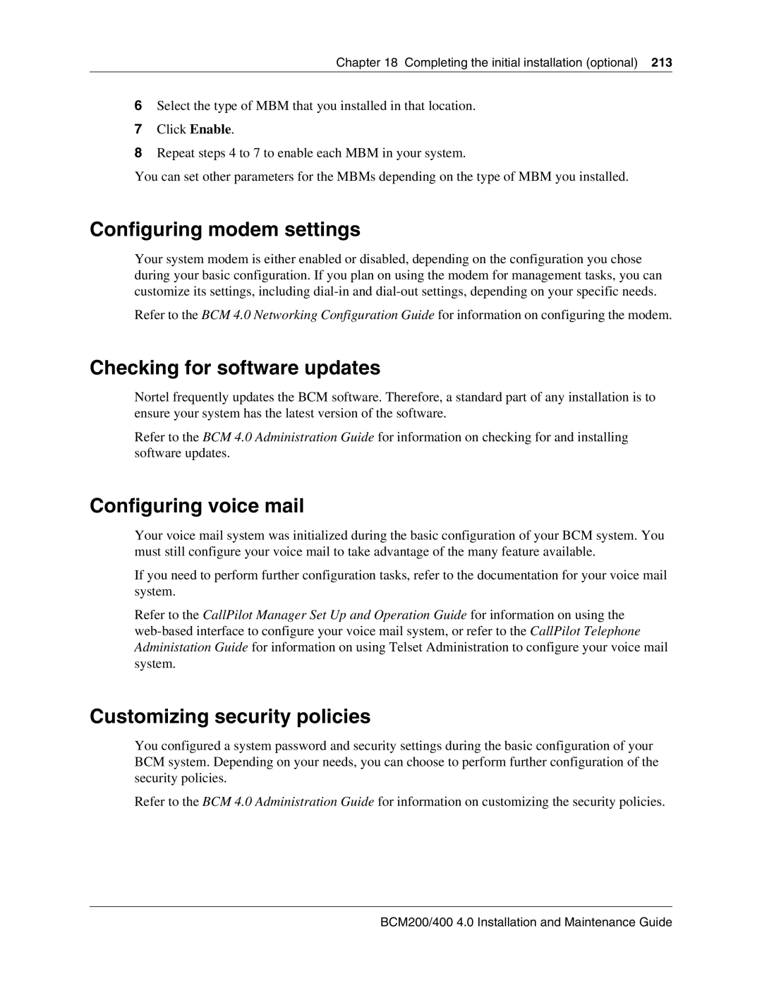 Nortel Networks BCM200, 400 4.0 manual Configuring modem settings, Checking for software updates, Configuring voice mail 