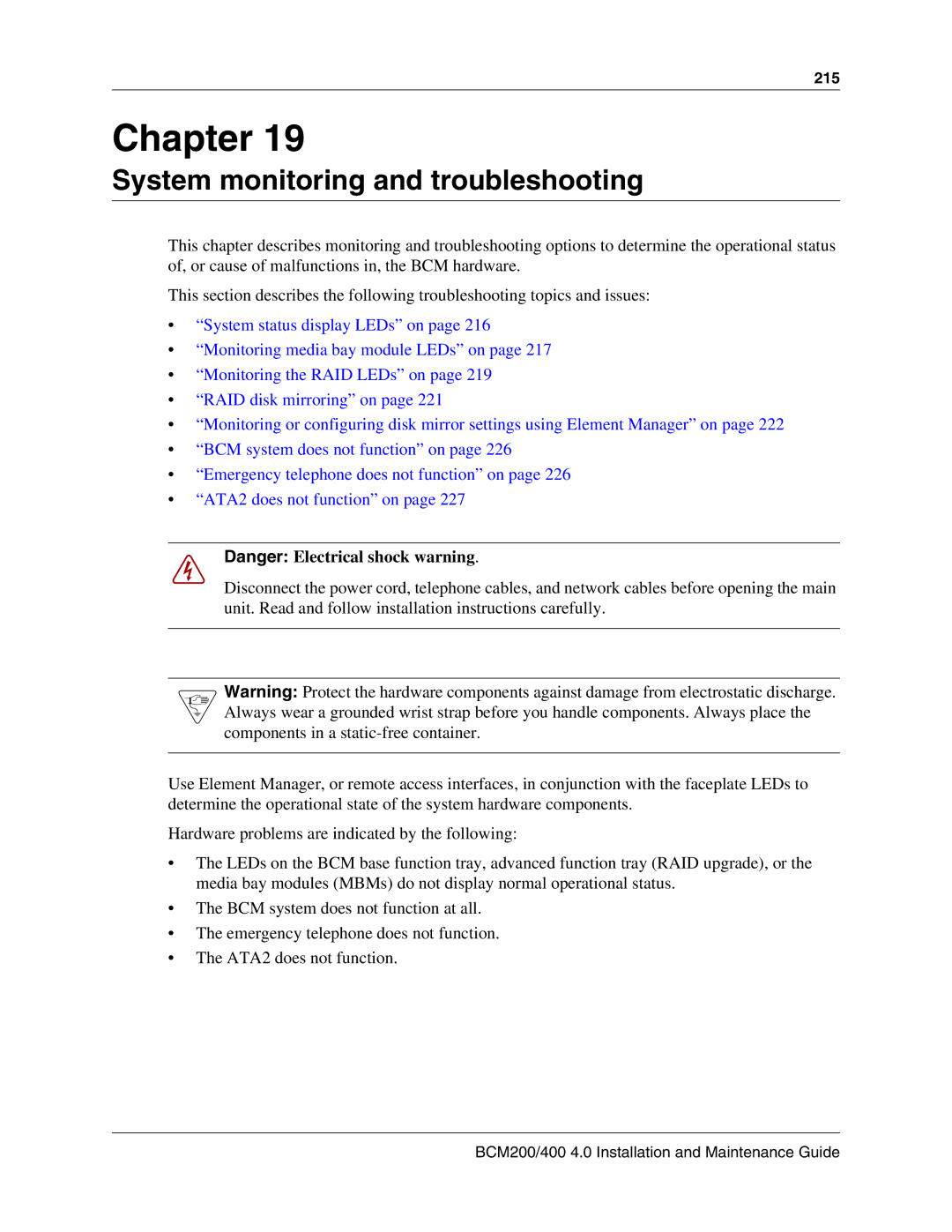 Nortel Networks BCM200, 400 4.0 manual System monitoring and troubleshooting 