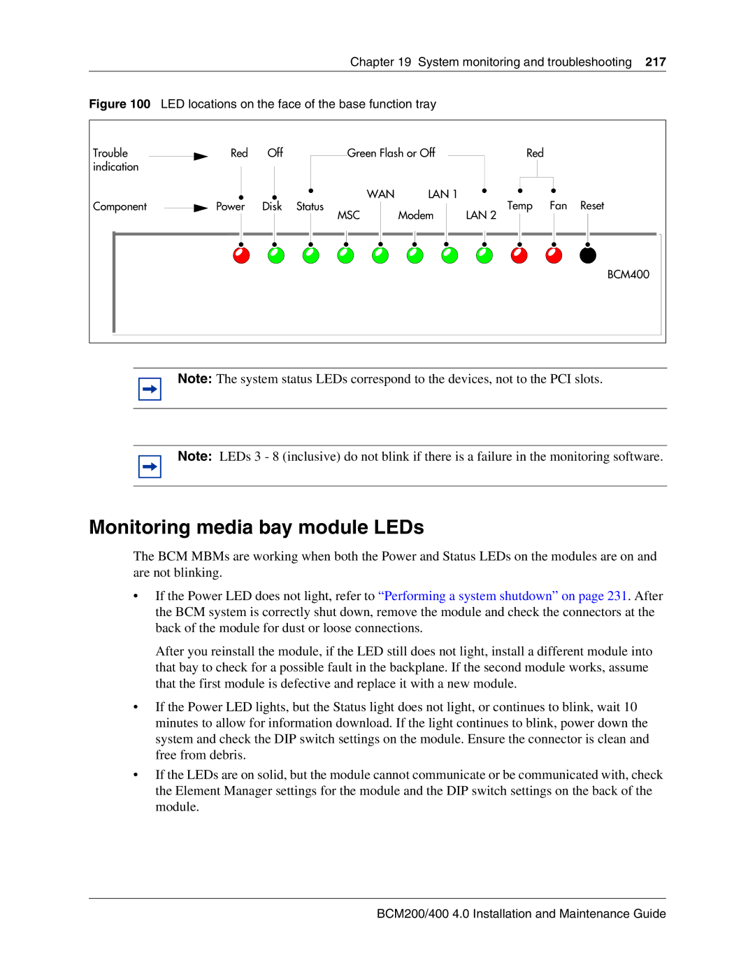 Nortel Networks BCM200, 400 4.0 manual Monitoring media bay module LEDs, LED locations on the face of the base function tray 