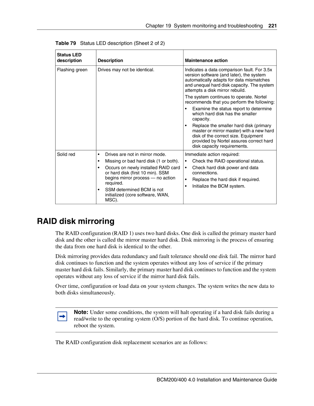 Nortel Networks BCM200, 400 4.0 manual RAID disk mirroring 