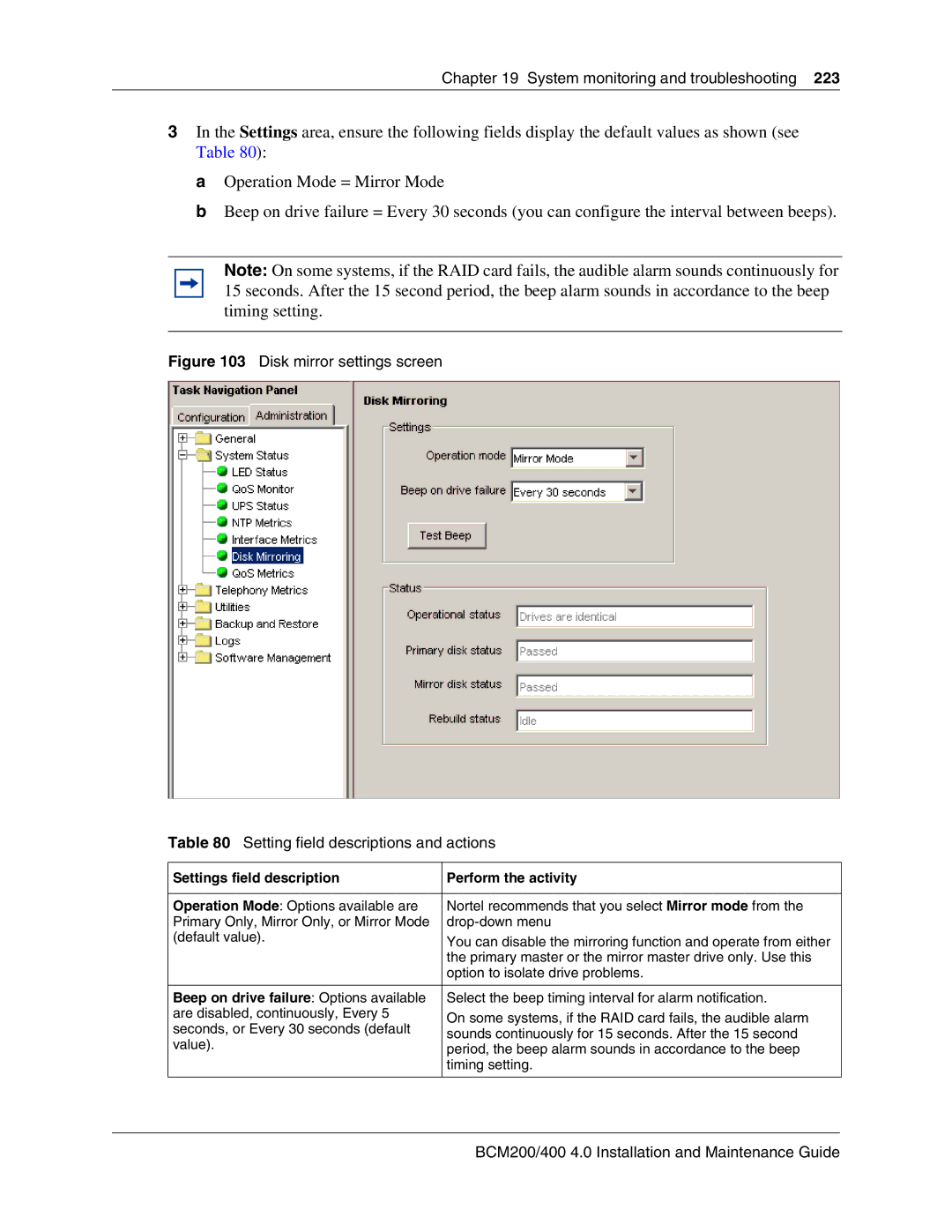 Nortel Networks BCM200, 400 4.0 Settings field description Perform the activity, Beep on drive failure Options available 