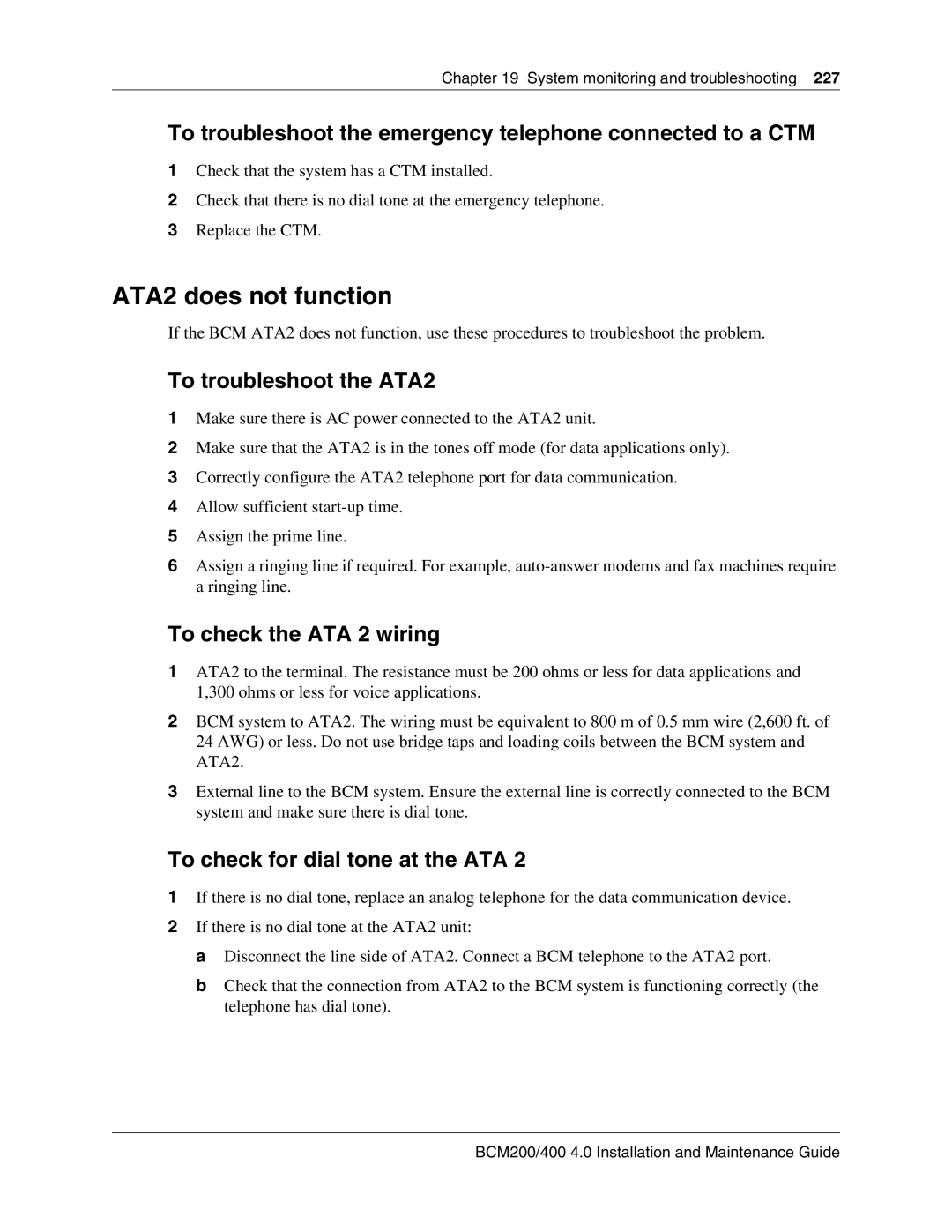 Nortel Networks BCM200, 400 4.0 manual ATA2 does not function, To troubleshoot the emergency telephone connected to a CTM 