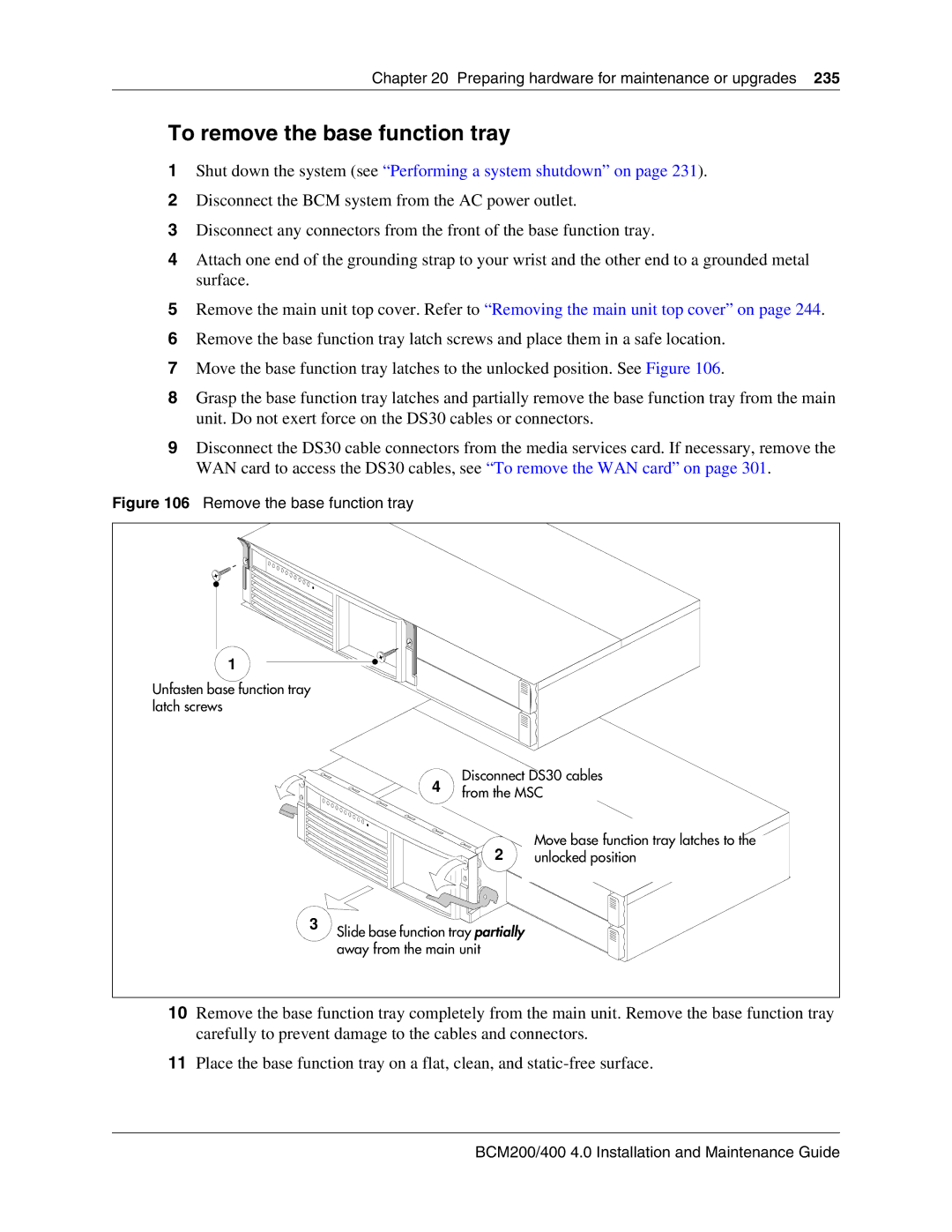 Nortel Networks BCM200, 400 4.0 manual To remove the base function tray, Remove the base function tray 