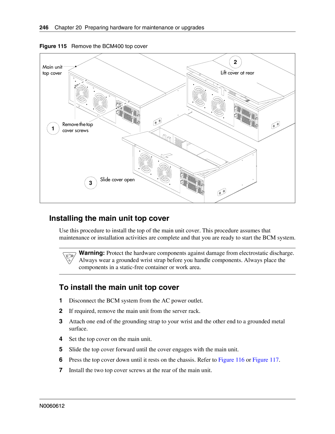 Nortel Networks 400 4.0, BCM200 manual Installing the main unit top cover, To install the main unit top cover 