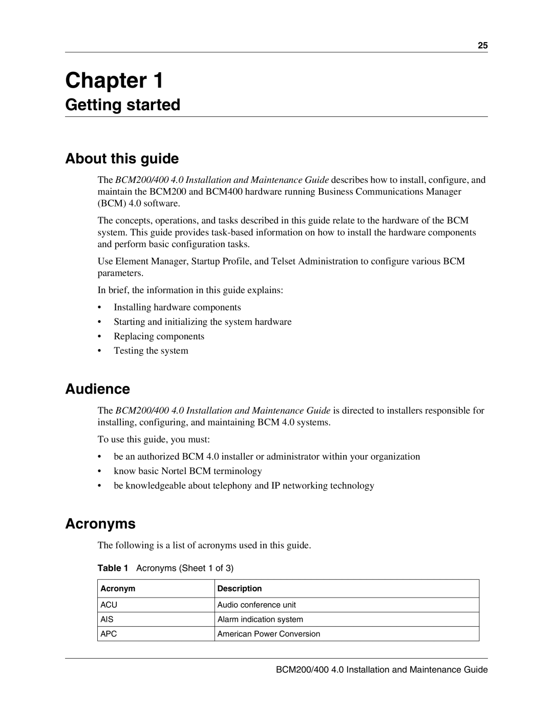 Nortel Networks BCM200, 400 4.0 manual Getting started, About this guide, Audience, Acronyms Sheet 1 