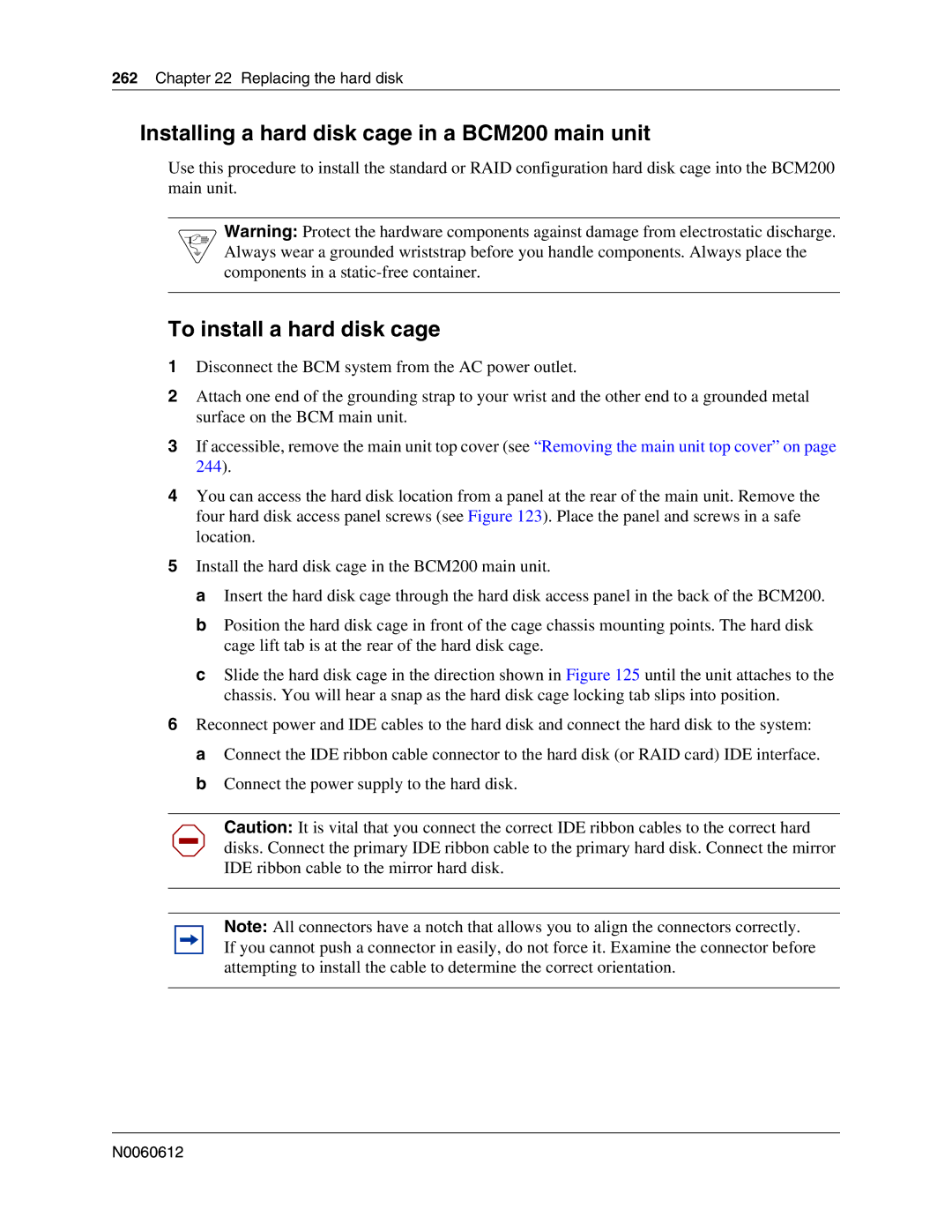 Nortel Networks 400 4.0 manual Installing a hard disk cage in a BCM200 main unit, To install a hard disk cage 