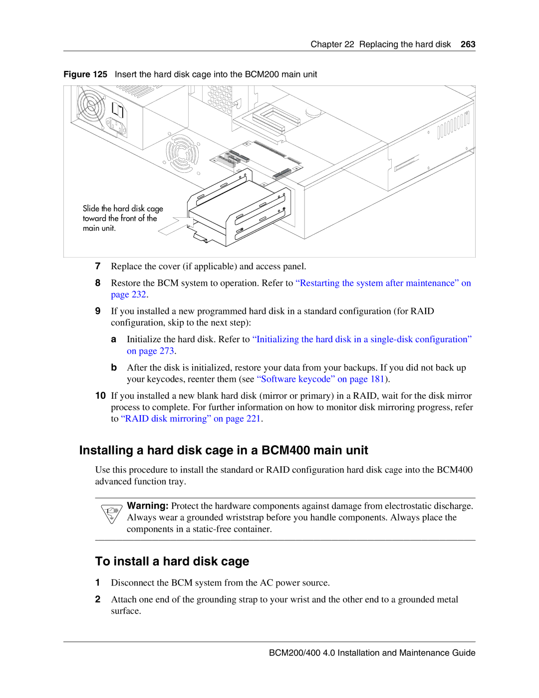 Nortel Networks BCM200, 400 4.0 manual Installing a hard disk cage in a BCM400 main unit 