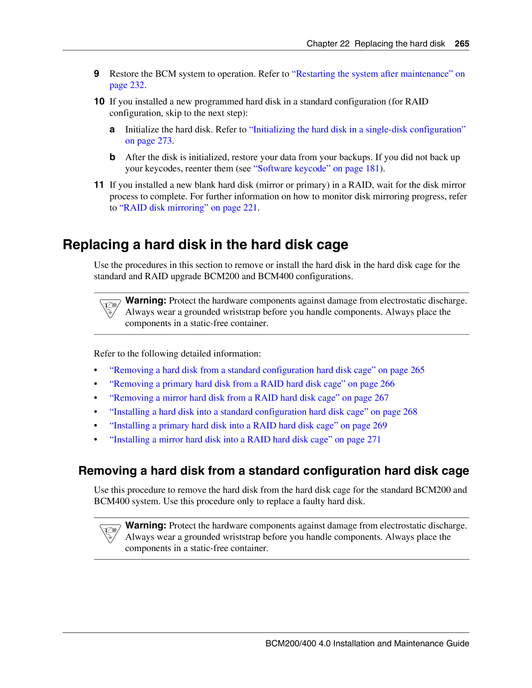 Nortel Networks BCM200, 400 4.0 manual Replacing a hard disk in the hard disk cage 