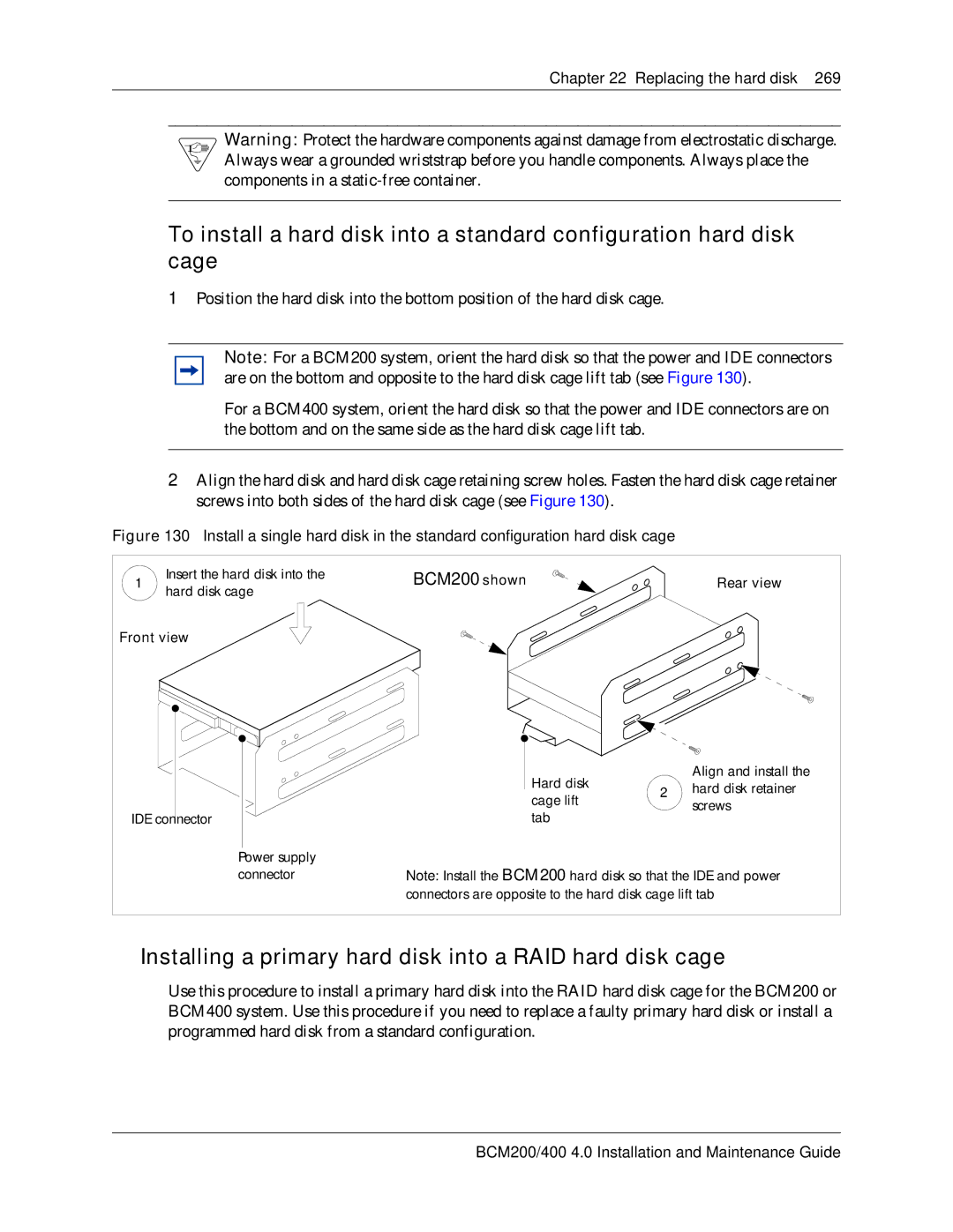 Nortel Networks 400 4.0 manual Installing a primary hard disk into a RAID hard disk cage, BCM200 shown 