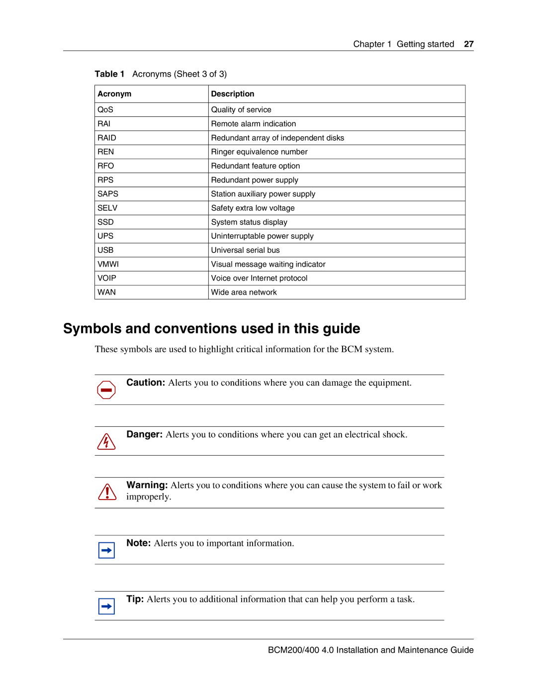 Nortel Networks BCM200, 400 4.0 manual Symbols and conventions used in this guide, Getting started Acronyms Sheet 3 