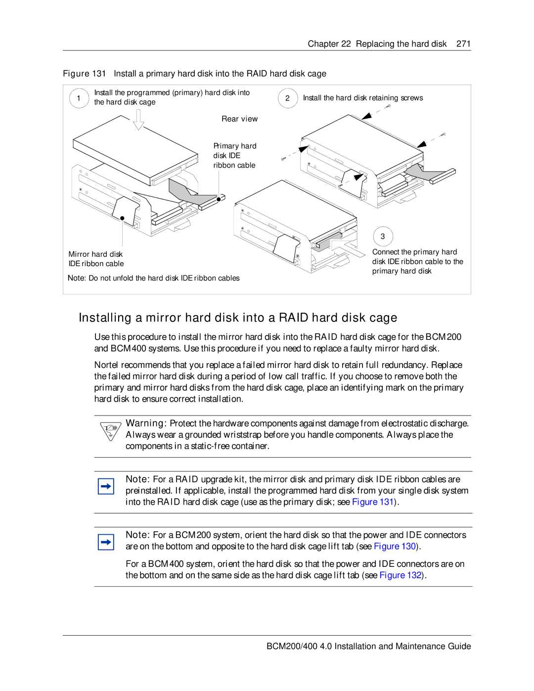 Nortel Networks BCM200, 400 4.0 manual Installing a mirror hard disk into a RAID hard disk cage 