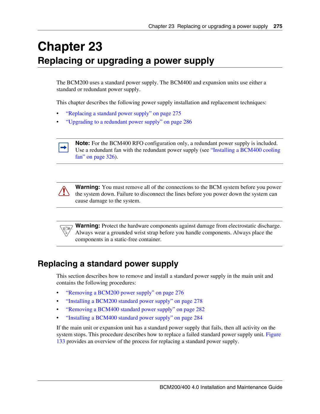 Nortel Networks BCM200, 400 4.0 manual Replacing or upgrading a power supply, Replacing a standard power supply 