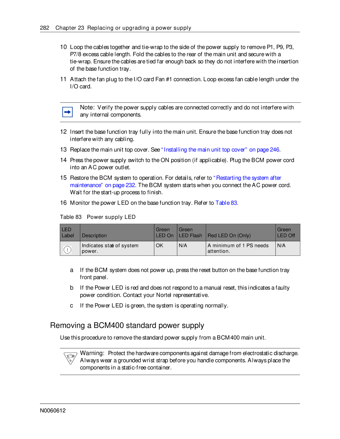 Nortel Networks 400 4.0, BCM200 manual Removing a BCM400 standard power supply, Power supply LED 