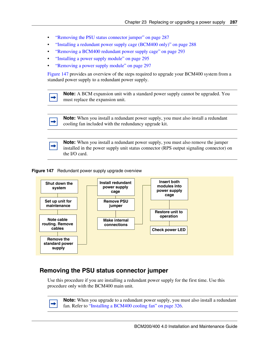 Nortel Networks BCM200, 400 4.0 manual Removing the PSU status connector jumper, Redundant power supply upgrade overview 