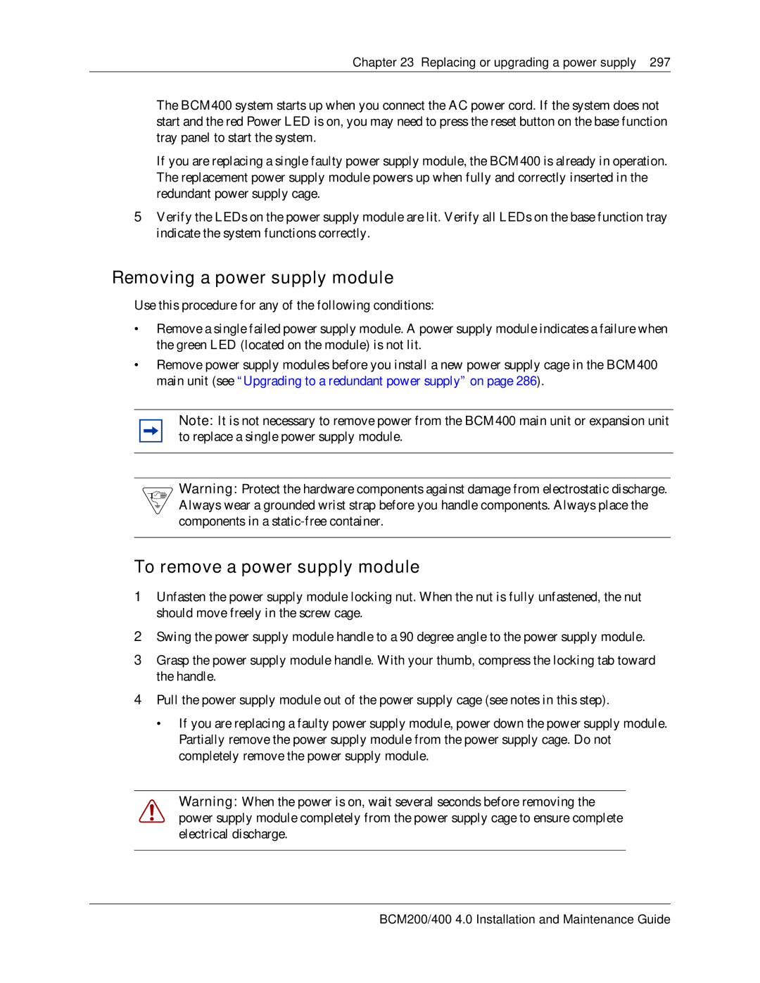 Nortel Networks BCM200, 400 4.0 manual Removing a power supply module, To remove a power supply module 