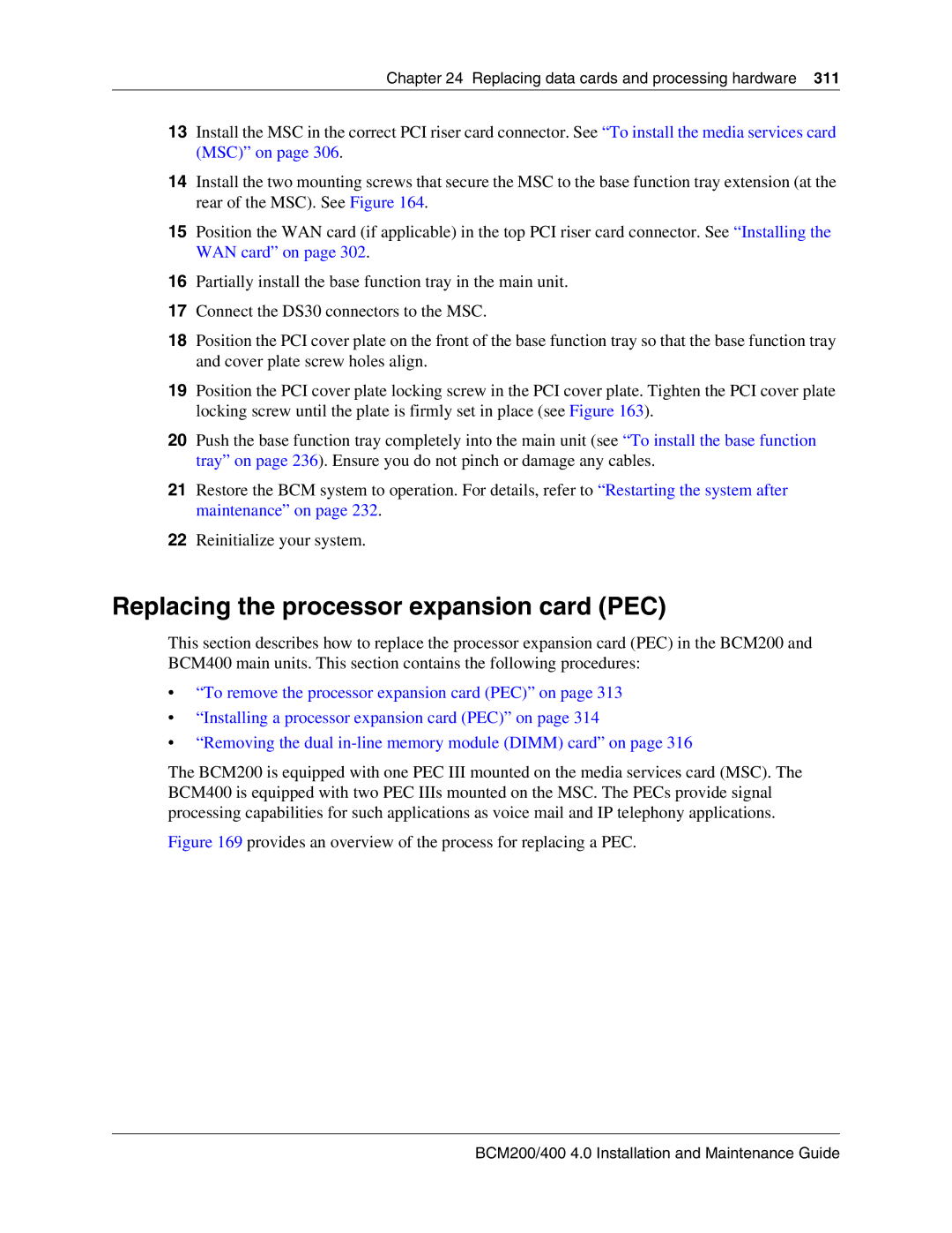 Nortel Networks BCM200 Replacing the processor expansion card PEC, Provides an overview of the process for replacing a PEC 