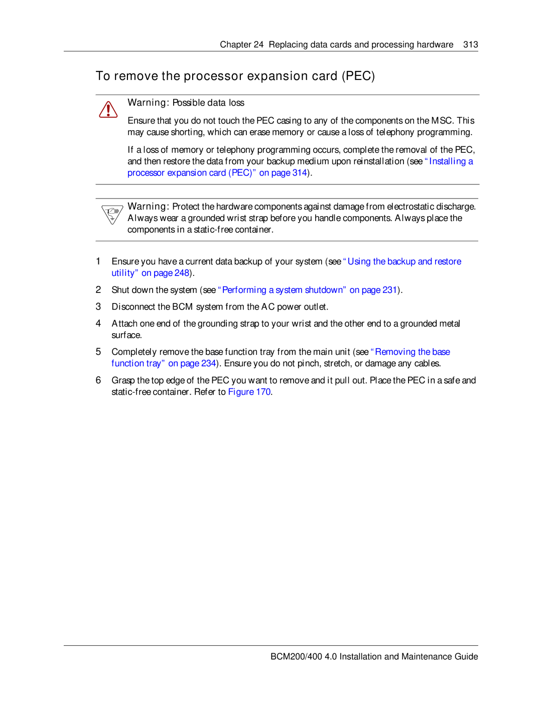 Nortel Networks BCM200, 400 4.0 manual To remove the processor expansion card PEC 