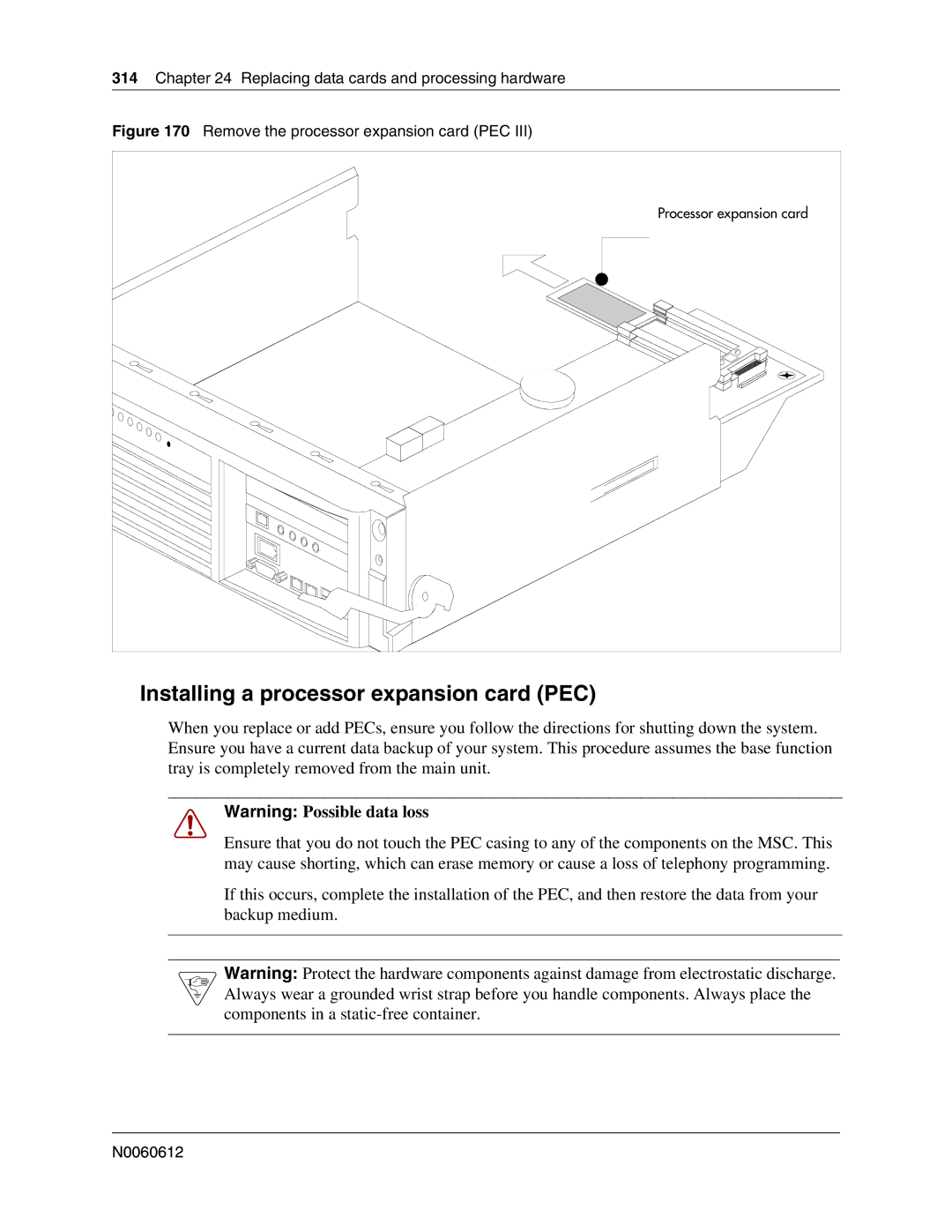 Nortel Networks 400 4.0, BCM200 manual Installing a processor expansion card PEC, Remove the processor expansion card PEC 