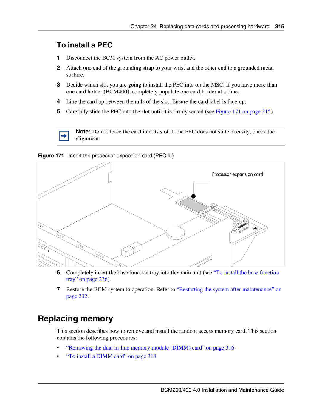 Nortel Networks BCM200, 400 4.0 manual Replacing memory, To install a PEC 