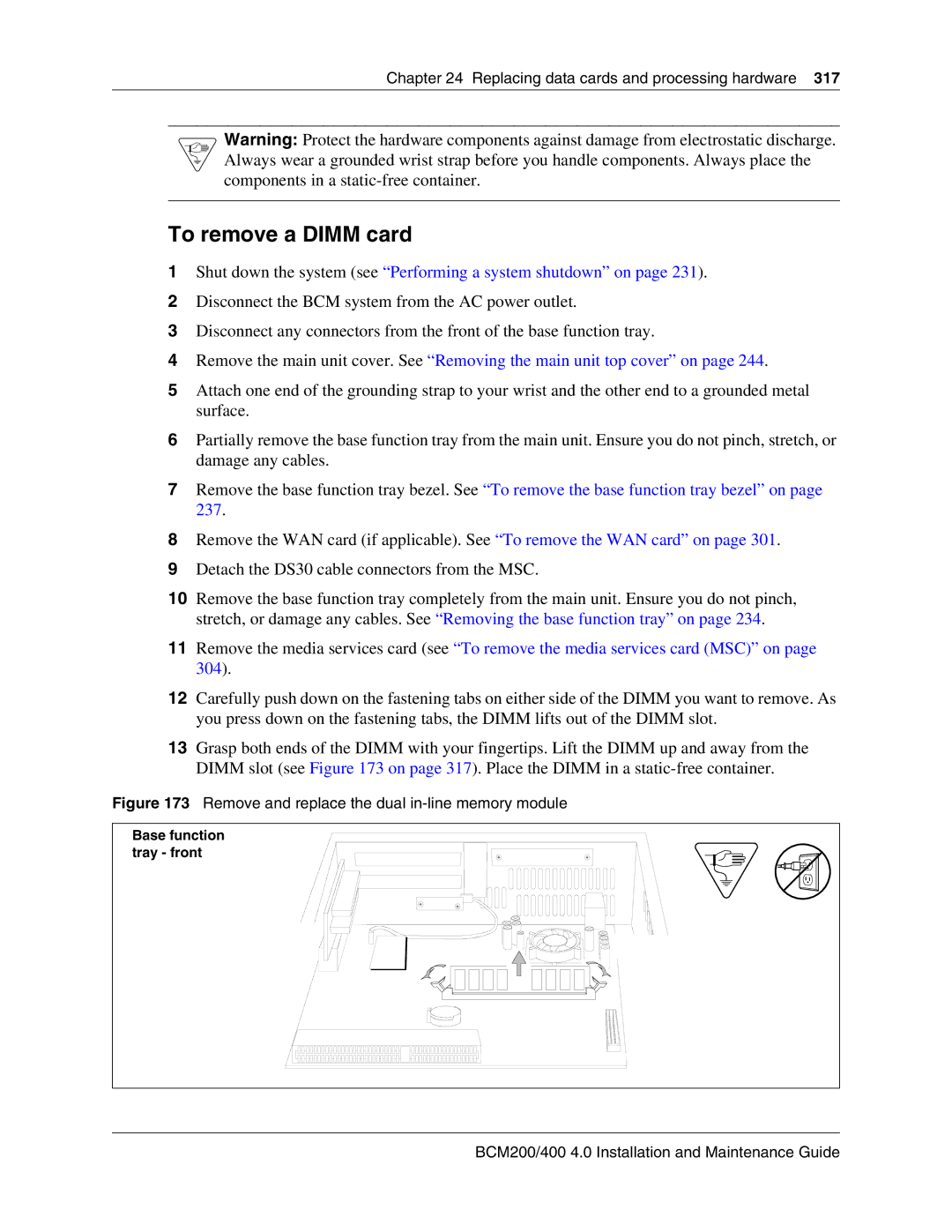 Nortel Networks BCM200, 400 4.0 manual To remove a Dimm card, Base function, Tray front 