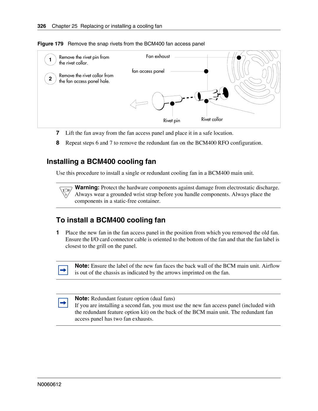 Nortel Networks 400 4.0, BCM200 manual Installing a BCM400 cooling fan, To install a BCM400 cooling fan 