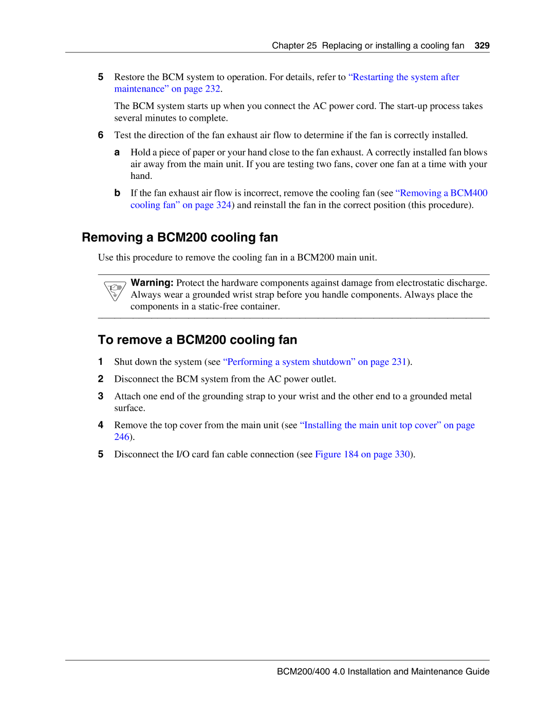 Nortel Networks 400 4.0 manual Removing a BCM200 cooling fan, To remove a BCM200 cooling fan 