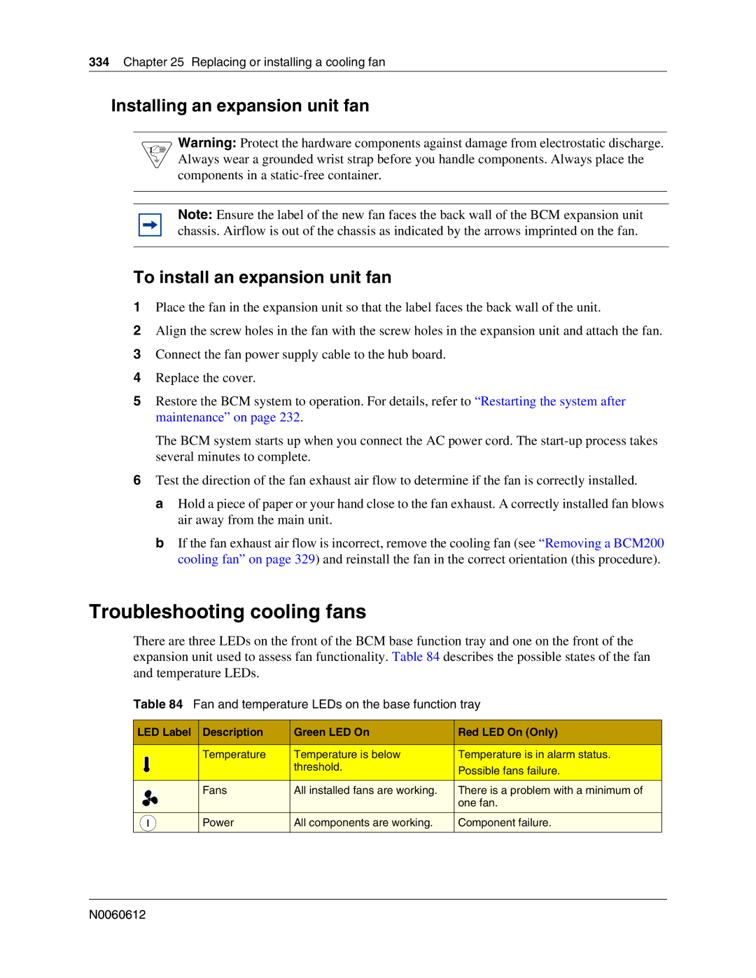 Nortel Networks 400 4.0, BCM200 manual Troubleshooting cooling fans, Fan and temperature LEDs on the base function tray 