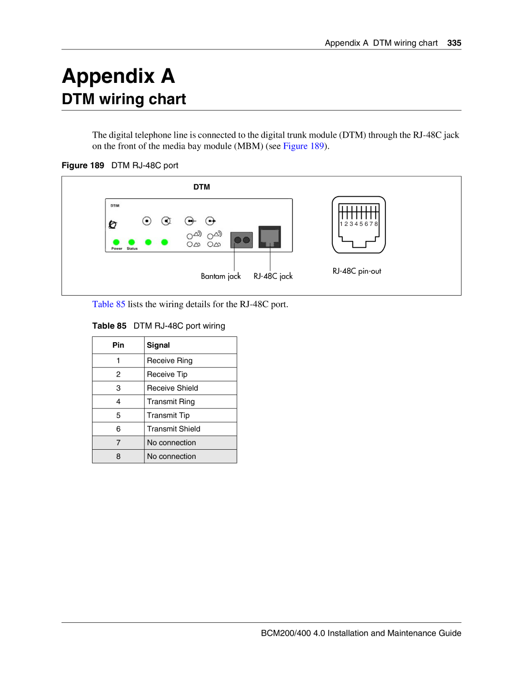 Nortel Networks BCM200, 400 4.0 manual Appendix a DTM wiring chart, DTM RJ-48C port wiring 