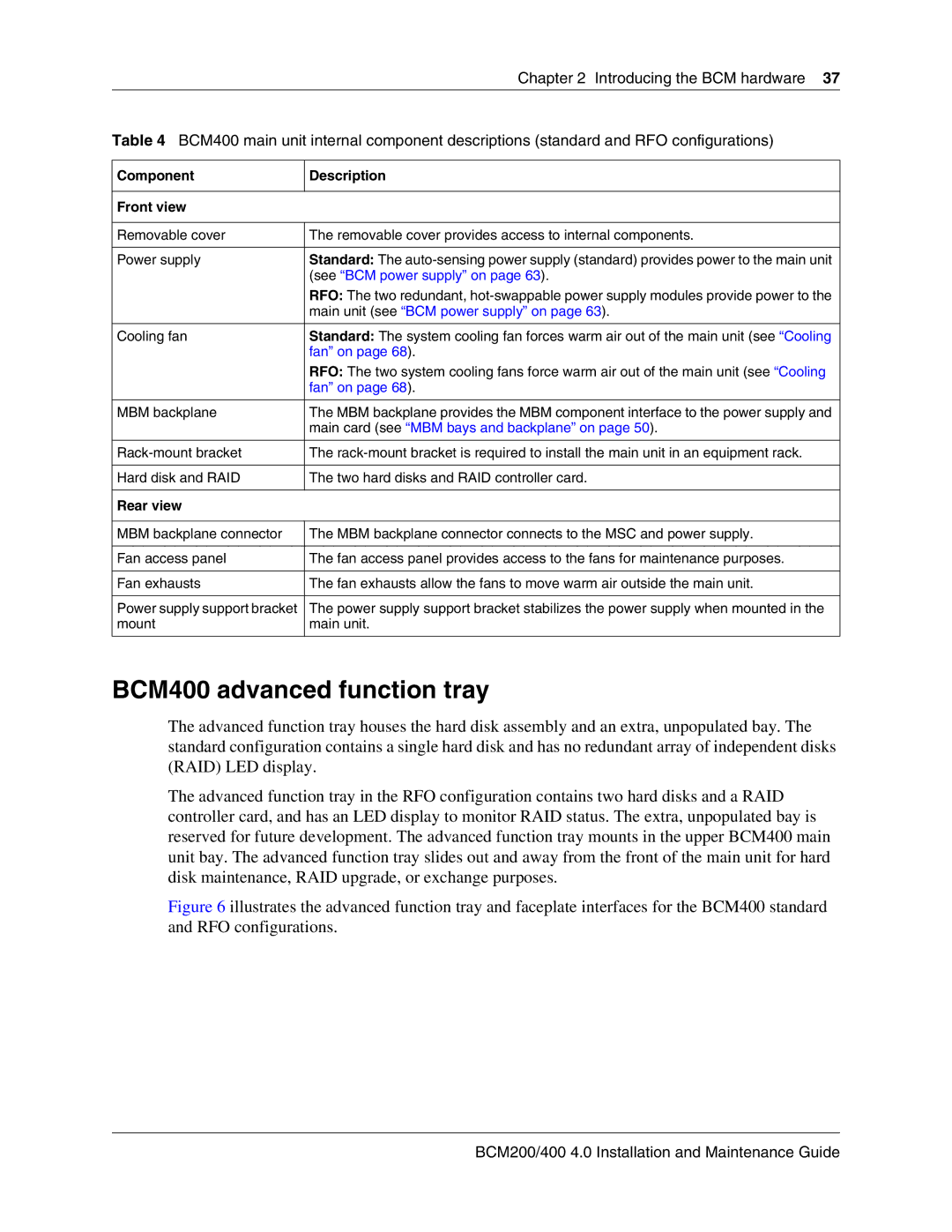 Nortel Networks BCM200, 400 4.0 manual BCM400 advanced function tray, Component Description Front view, Rear view 