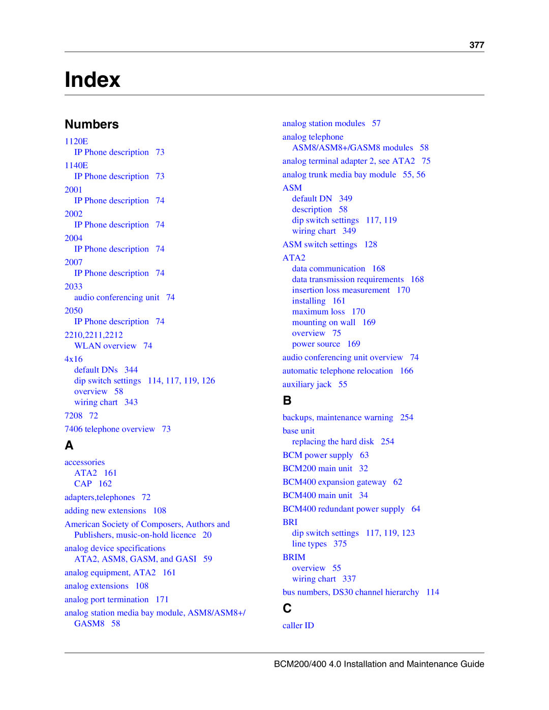 Nortel Networks BCM200, 400 4.0 manual Index, Numbers 