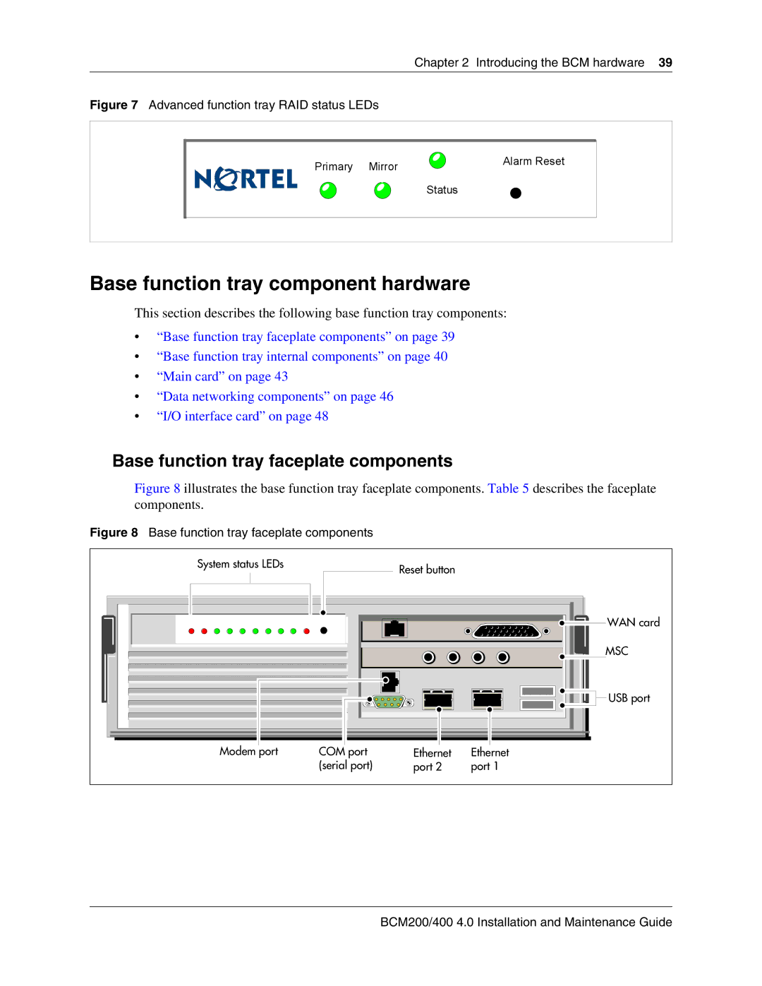 Nortel Networks BCM200, 400 4.0 manual Base function tray component hardware, Base function tray faceplate components 