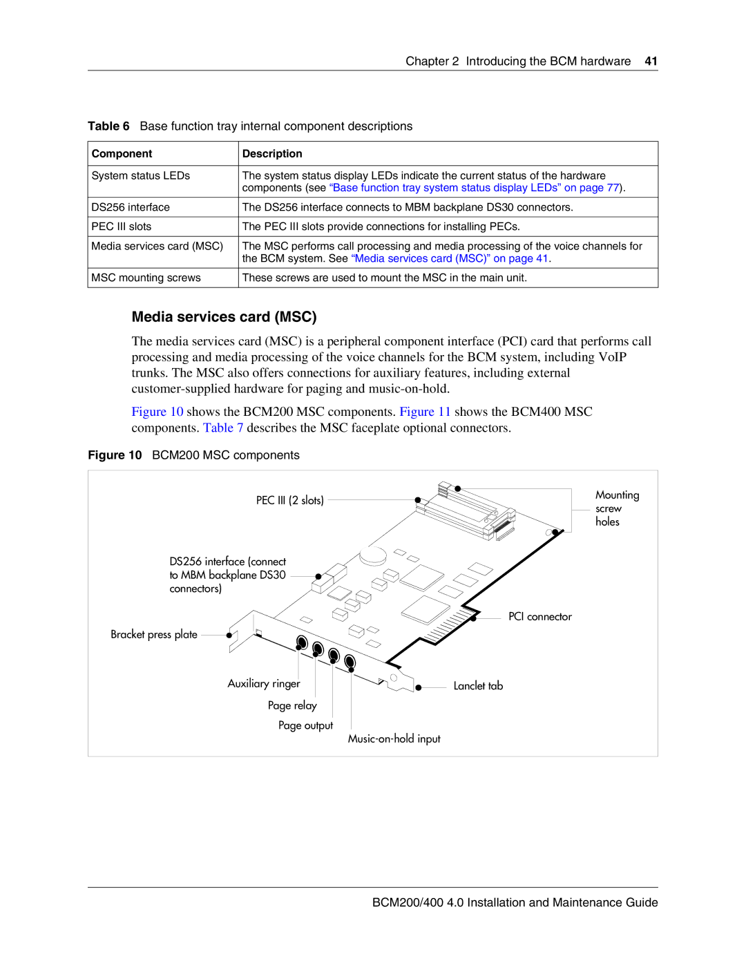 Nortel Networks 400 4.0 manual Media services card MSC, BCM200 MSC components 